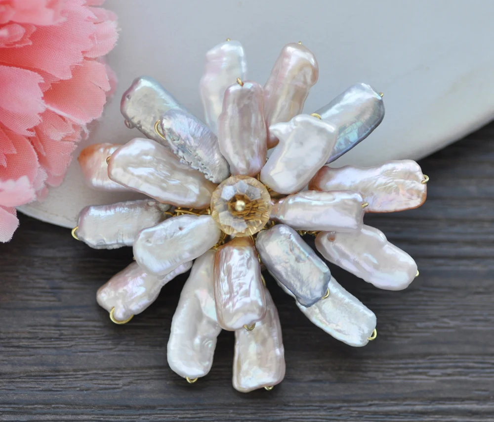 Брошь ручной работы Z9983 65 мм белая розовая серая жемчужная | Украшения и