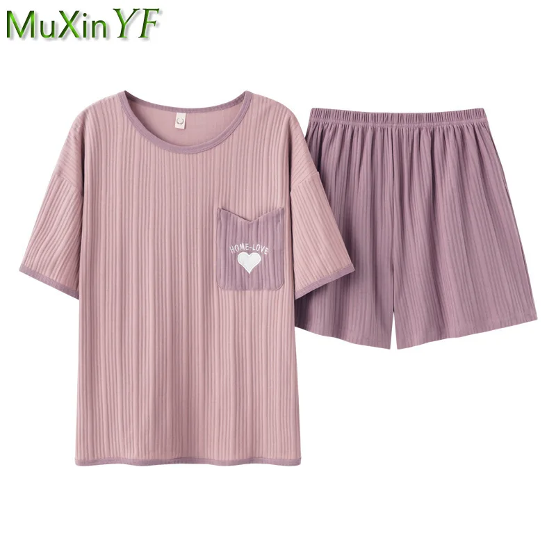 Pajamas Women Summer Cotton Short-Sleeved Shorts Pijamas 2 Piece 2021 New O-Neck Thin Plus Size Sleepwear Suit Girl Home Clothes