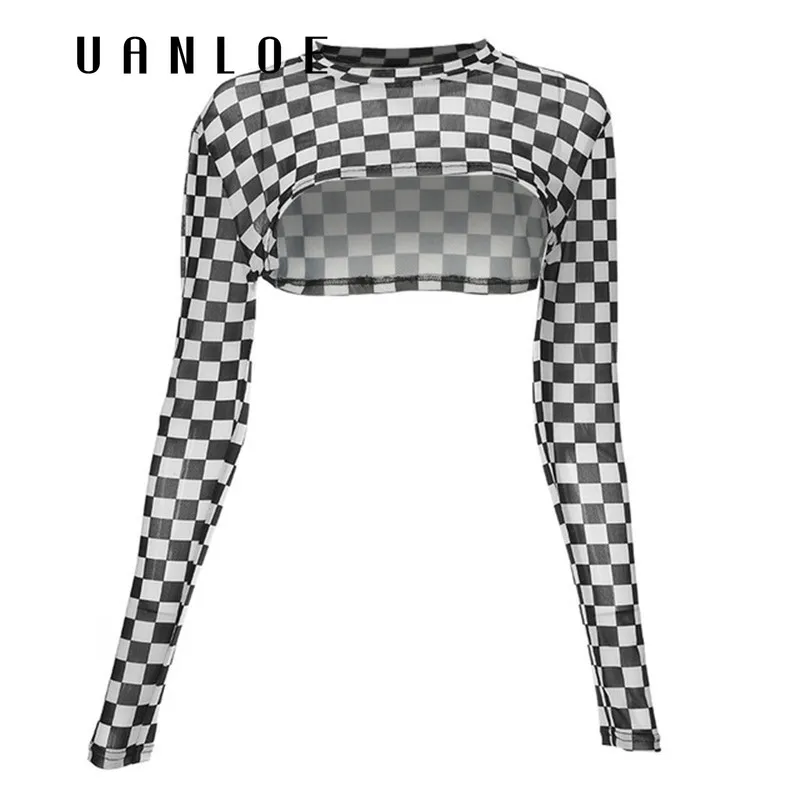 

Women Sexy Cropped Long Sleeve T-shirts Slim Waist Checkboard O-neck Streetwear Crop Top 2020 Summer Sunscreen Tops