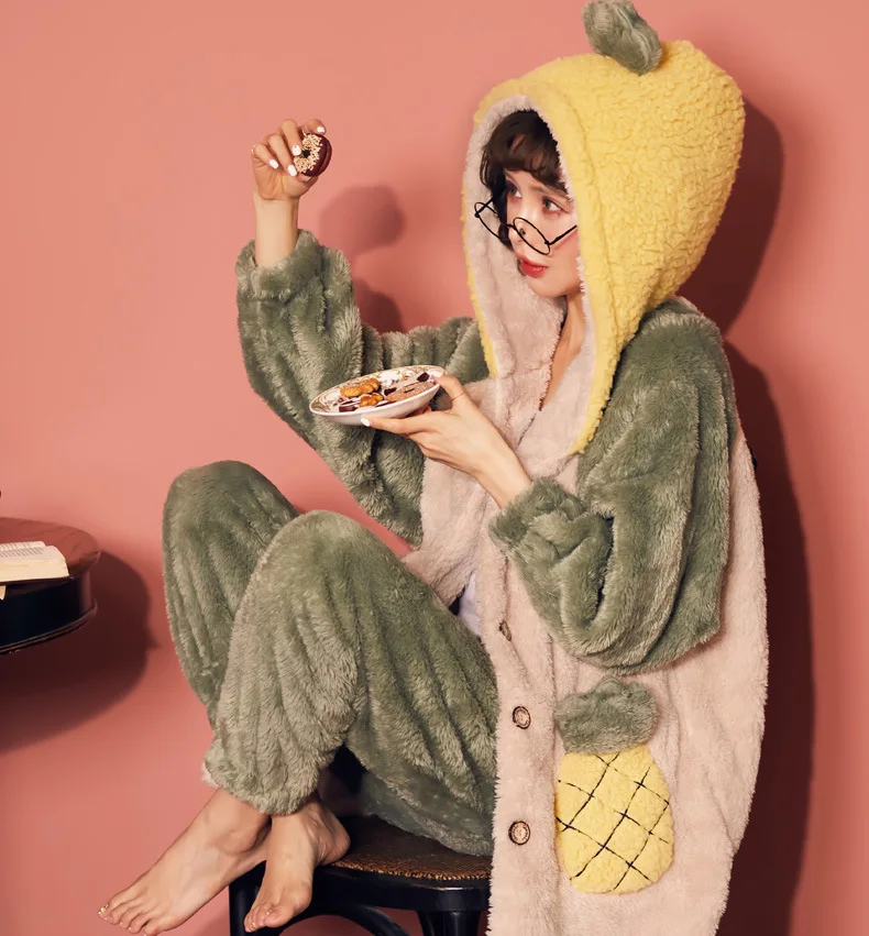 Зимняя женская пижама с капюшоном толстая фланелевая теплая длинным рукавом