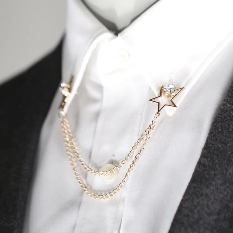 Золотая Звезда Стразы цепочка булавка для воротника брошь женщин и мужчин