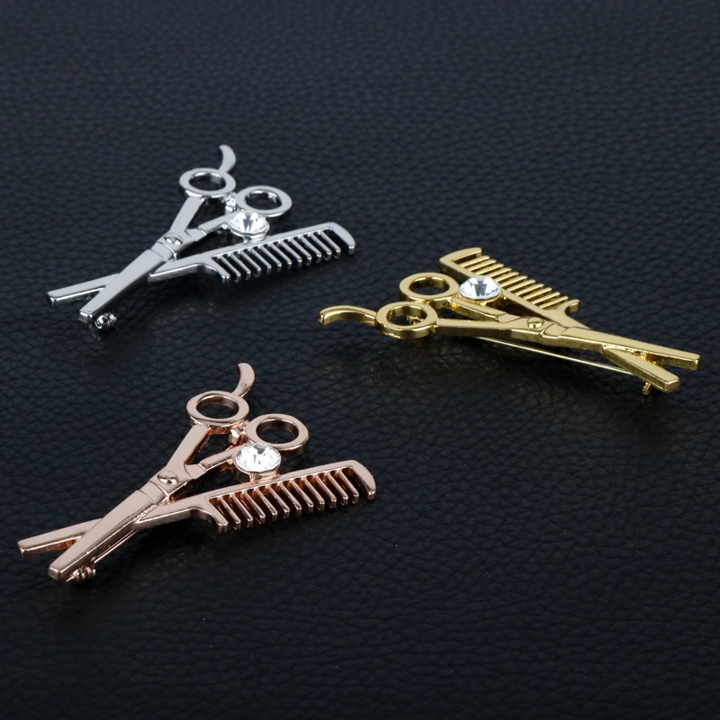 

Comb Scissors Corsage Crystal Brooches Gold/Silver Color Barber Tools Metal Pins For Women Charms Brooches Party Jewelry