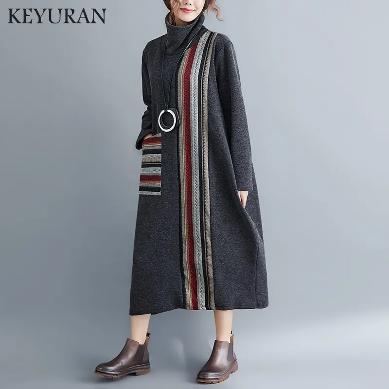Осенне-зимнее женское пальто платье с длинным рукавом свободное Полосатое