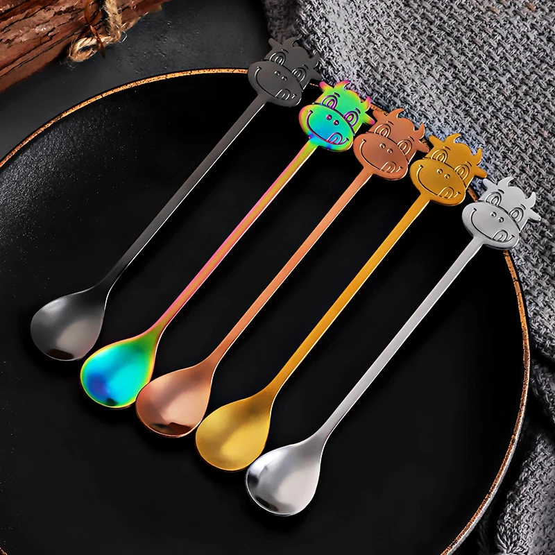 

New Cow Head Coffee Spoon Cute Dessert Spoons Stainless Steel Mixing Spoon Tableware Kitchen Ggadget Bar Decoration Accessories