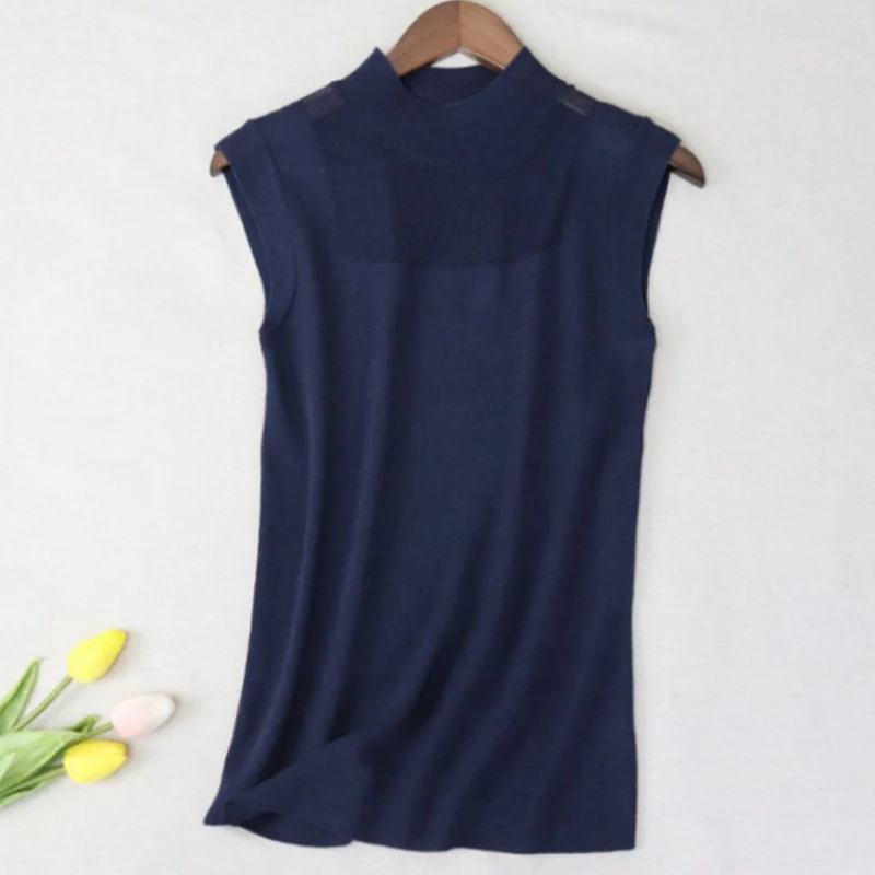 

Feminine Blouses 2021 Summer Fashion Elegant Women's Tops Ice Silk Knitted Slim Solid Shirt White Sleeveless O-neck Lady Blouse