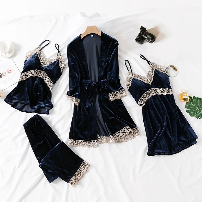 

Fashion Velvet 4 Pieces Warm Autumn Winter Pajamas Sets pijamas women Sexy Lace Robe Sleepwear Kit Sleeveless Nightwear