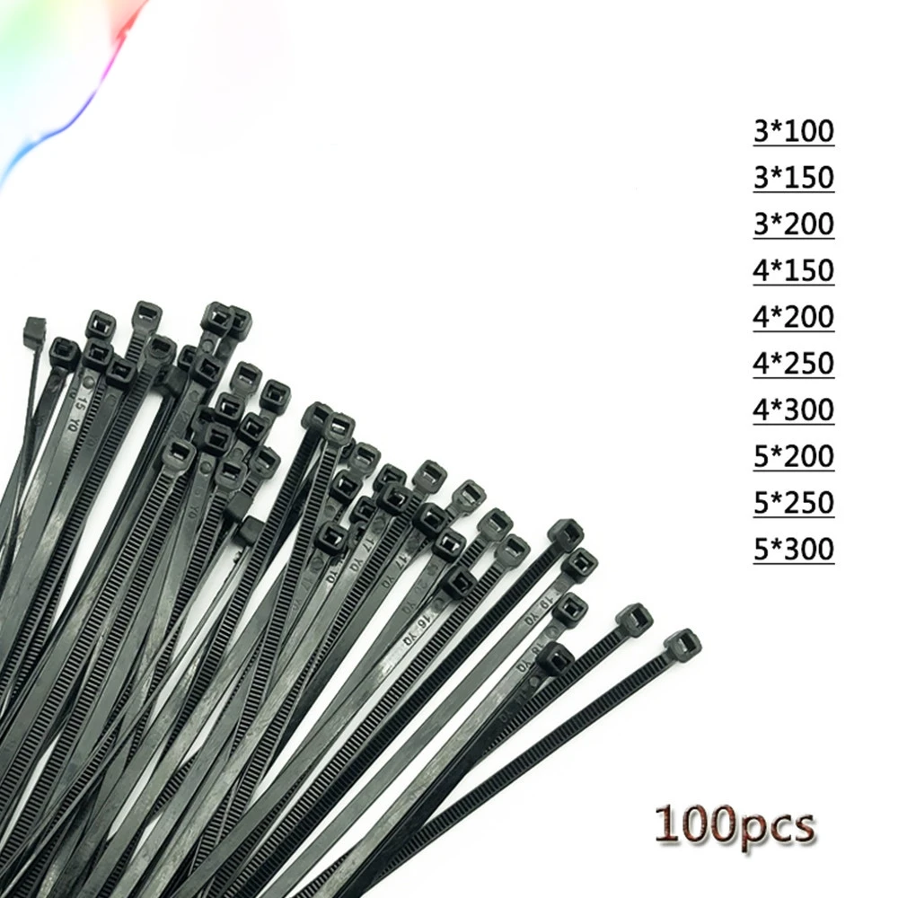 Самоблокирующиеся пластиковые нейлоновые кабельные стяжки 100 шт. черные