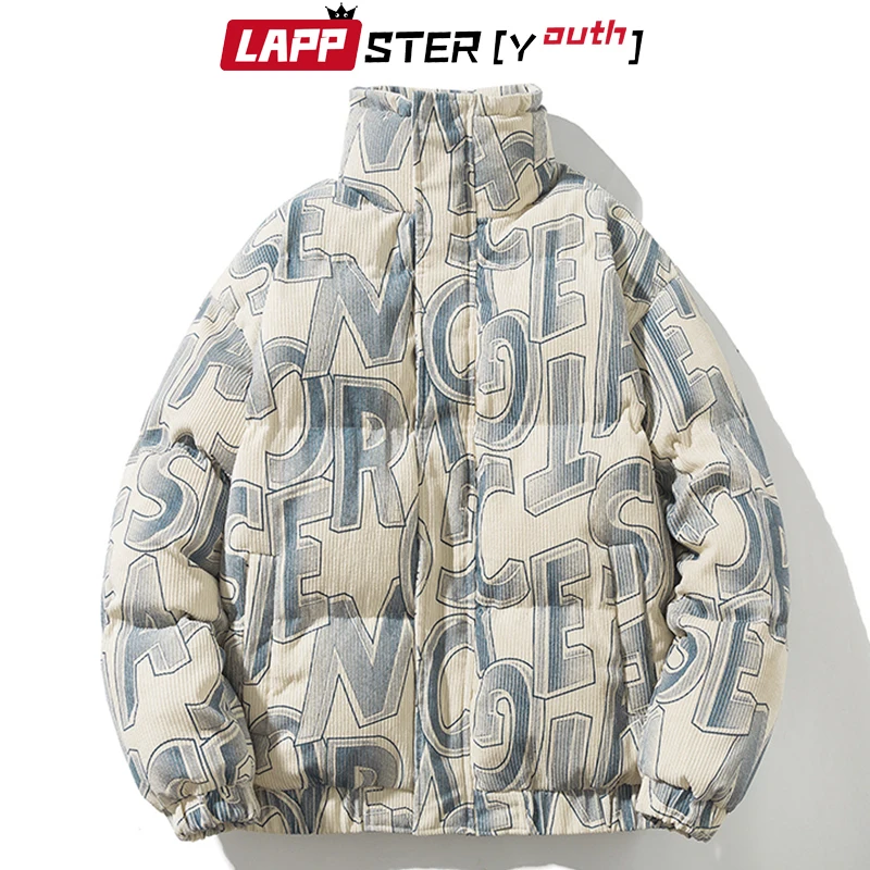 

LAPPSTER-Youth Men Winter Letter Corduroy Jackets 2021 Mens Vintage Harajuku Korean Puffer Jacket Male Streetwear Bubble Coats
