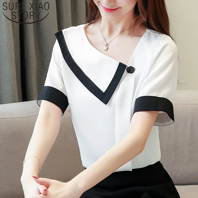 

2022 Summer Fashion Women Chiffon Blouses Short Sleeve V-neck Women Tops Casual White Black Women Clothing Office Lady 5558 50