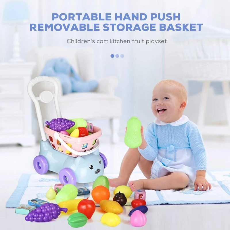 

20Pc Supermarket Hand Shopping Cart Kids Toys Simulation Grocery Kitchen Pretend Play Food Accessories for Children