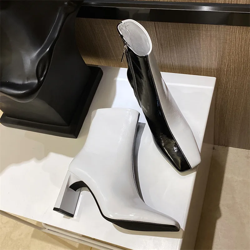 

ANNYMOLI Genuine Leather High Heel Short Boots Women Ankle Boots Shoes Square Toe Chunky Heels Zip Female Boots Autumn Winter 40