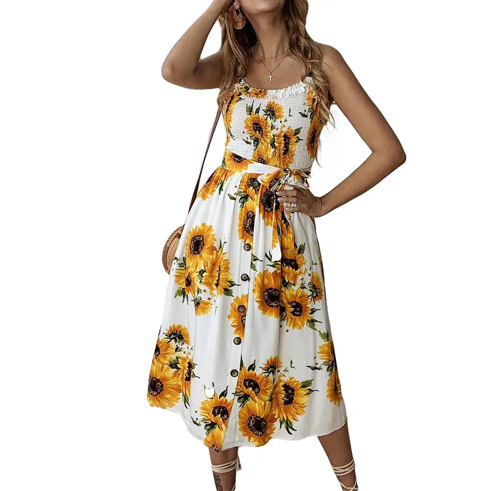 Богемное модное женское летнее платье с цветочным принтом подсолнуха