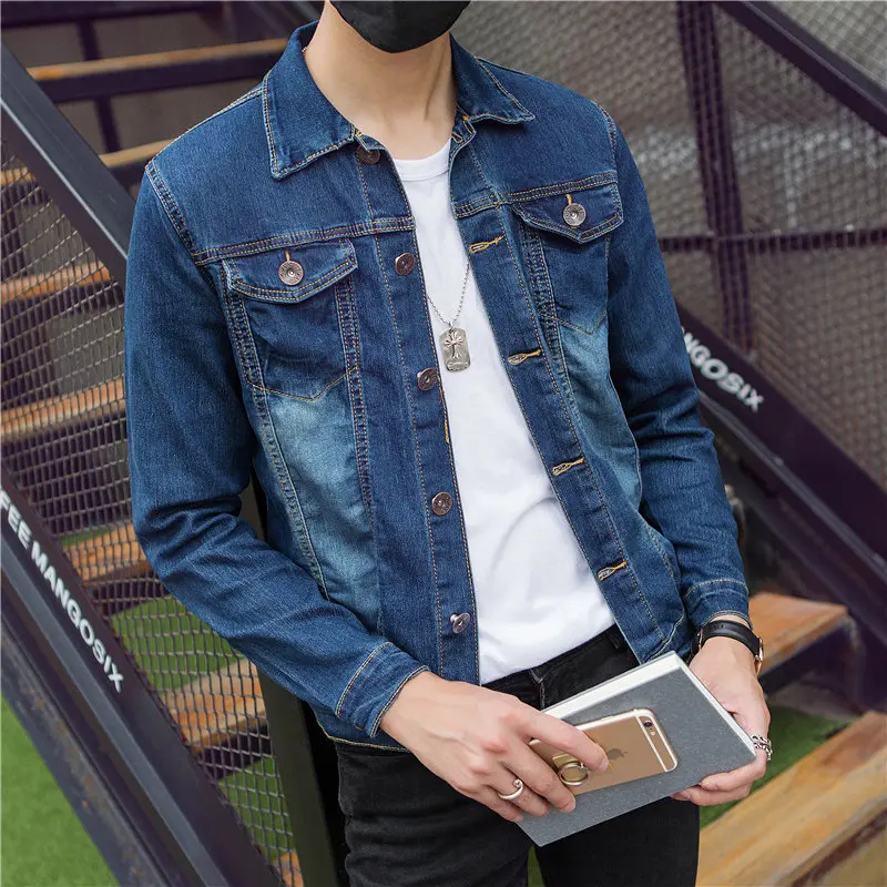 

2021 Spring and Autumn New Korean Style Fashion Jacket Men 's Casual Slim Denim Jacket Lapel Overalls