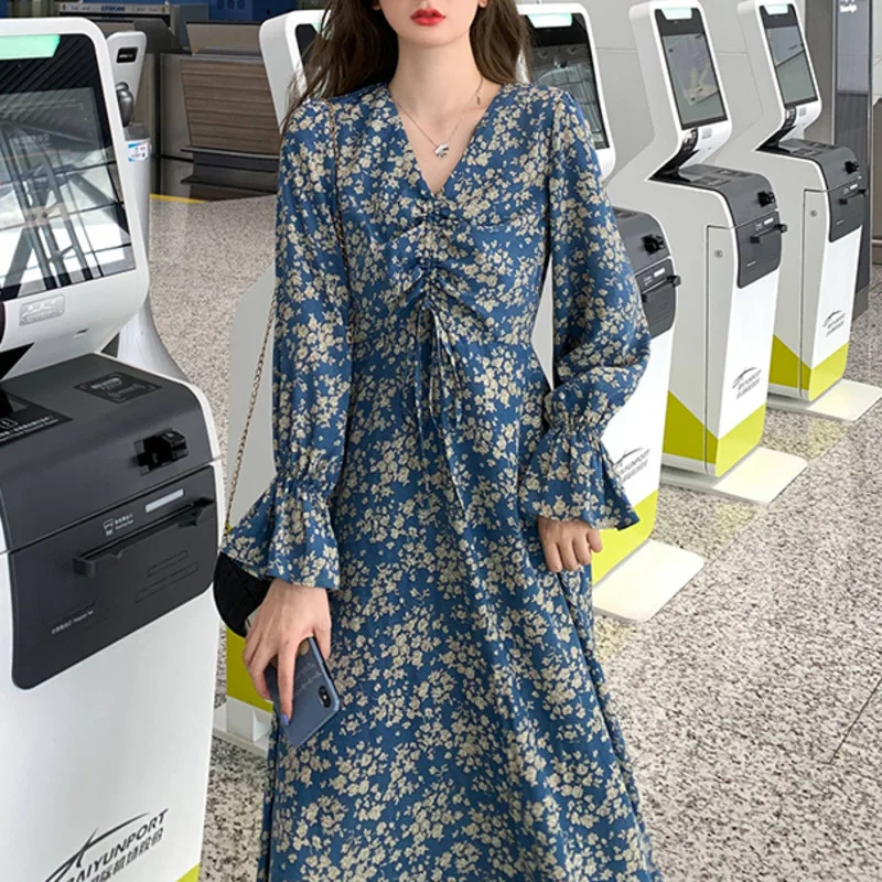 

Женское длинное шифоновое платье с длинным рукавом, праздничное пляжное платье в стиле бохо, винтажное праздничное платье с цветочным прин...