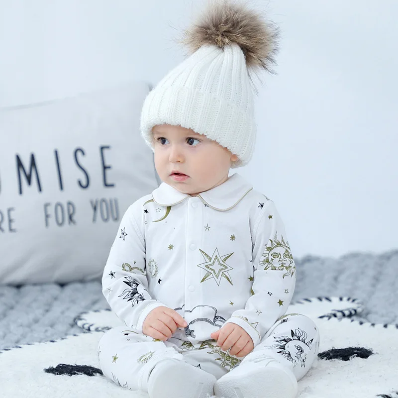

Organic Cotton Baby One-piece Romper 2021 Spring New Toddler White Lapel Romper Kid Cartoon Single-breasted Long-sleeved Clothes