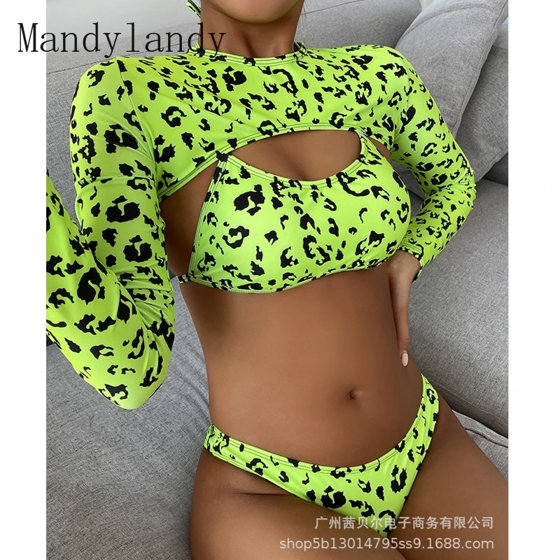 

Mandylandy Summer Long-Sleeve O-Neck Top + Lace Up Bra + Swimming Trunks Swimsuit Set Women's Leopard Print Bikini 3 Piece Set