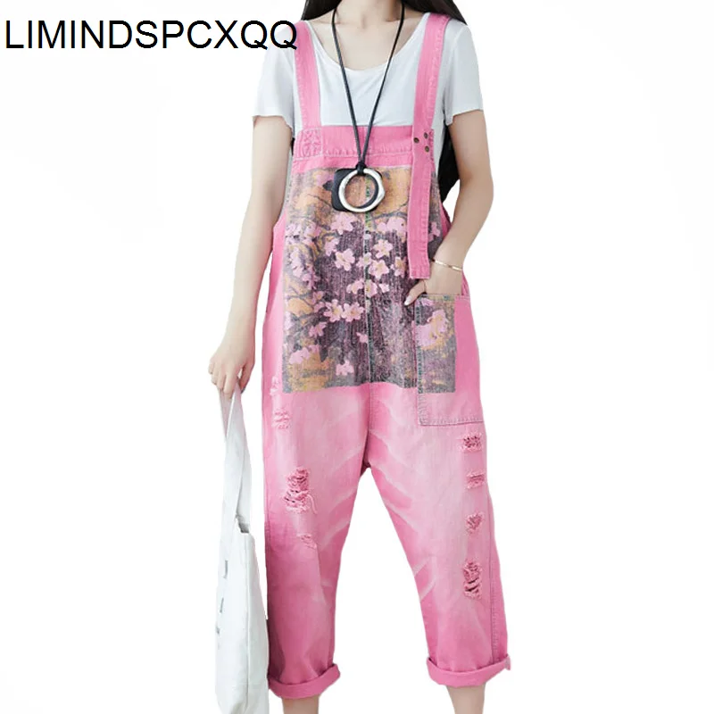 

LIMINDSPCXQQ Korean Summer Fashion 2021 Ladies Pink Denim Overalls Women Ripped Printed Jeans Female Female Bleached Trousers