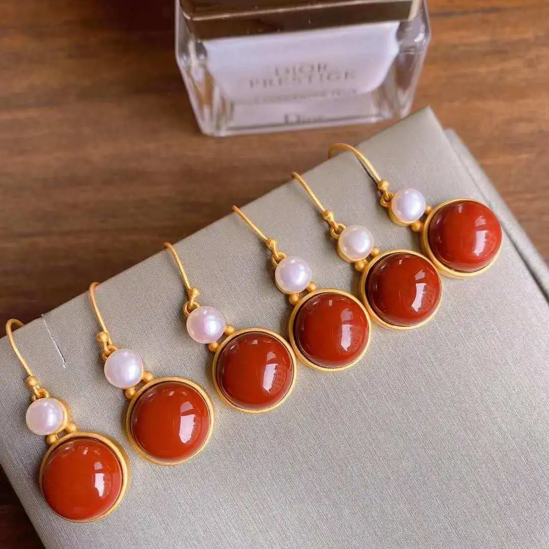 

S925 Sterling Silver Gold Natural South Red Agate Pearl Earrings Personality Fashion Female Earrings New Fashion Graceful Earrin