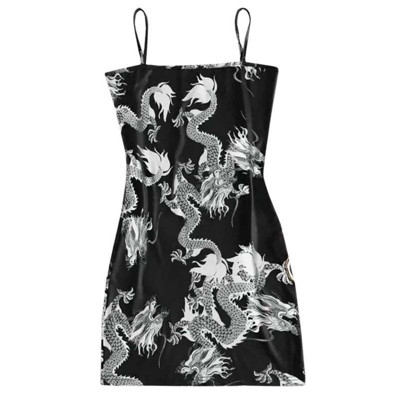 

2021 New Summer Women Dragon Pattern Sleeveless Split Hip Slender Slim Fit Sexy Print Dress .