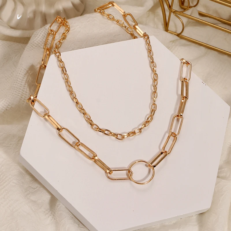 

VKME Fashion Layered Golden Chain Necklace For Women Geometry Circle Vintage Cuban Link Chains Choker Necklaces ​2021 Jewelry