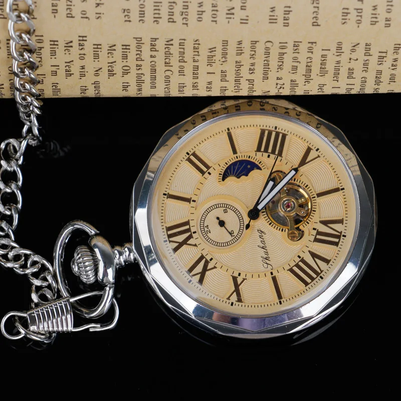 New Arrvial Open Face Hand-winding Tourbillon Mechanical Pocket Watch Roman Number Moon Phase Fob Watch Gift