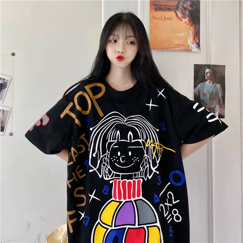 

Plus Size Women Black Cartoon Tshirt Fashion Print Simple T-Shirt Summer Ladies Casual Loose Straight Top Tee Shirt Tunics