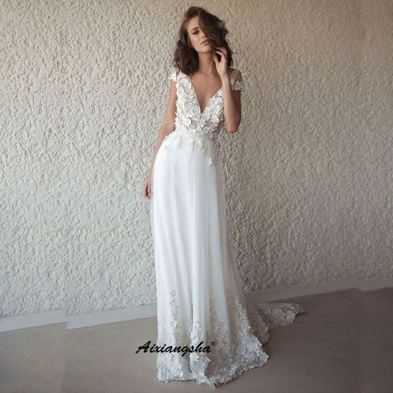 

Simple Tank V-neckline Wedding Dresses Applique Backless Train Dubai Arabic Wedding Gown Bridal Dress Vestido De Noiva