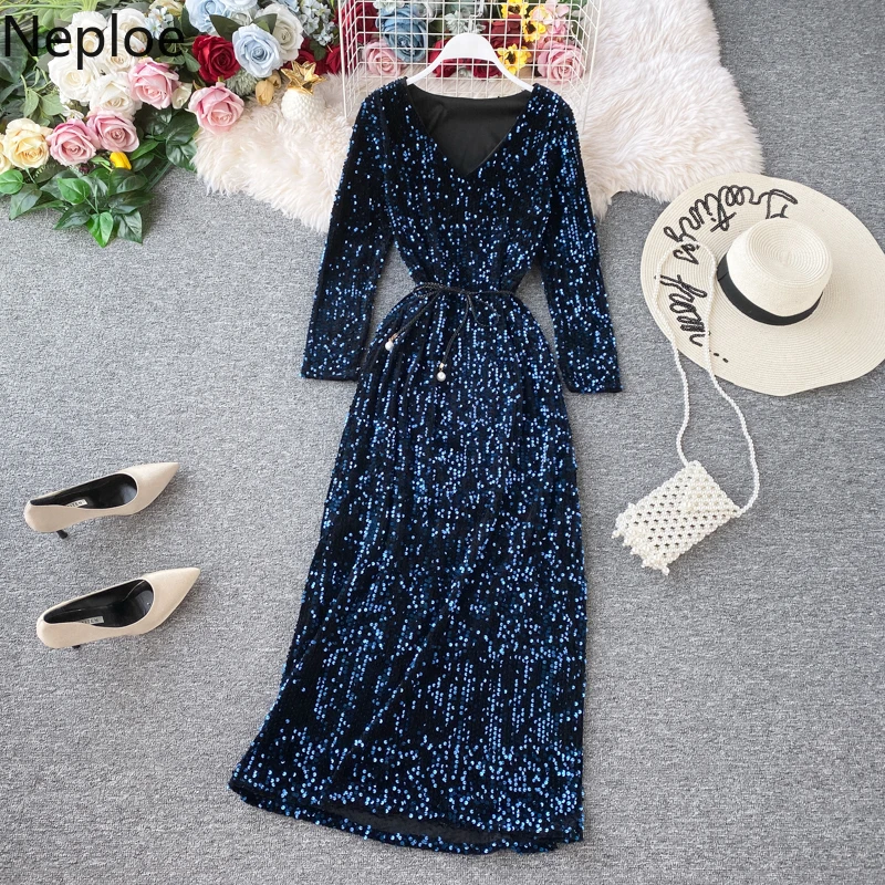 Элегантное Длинное Платье с v-образным вырезом и блестками ТРАПЕЦИЕВИДНОЕ ПЛАТЬЕ