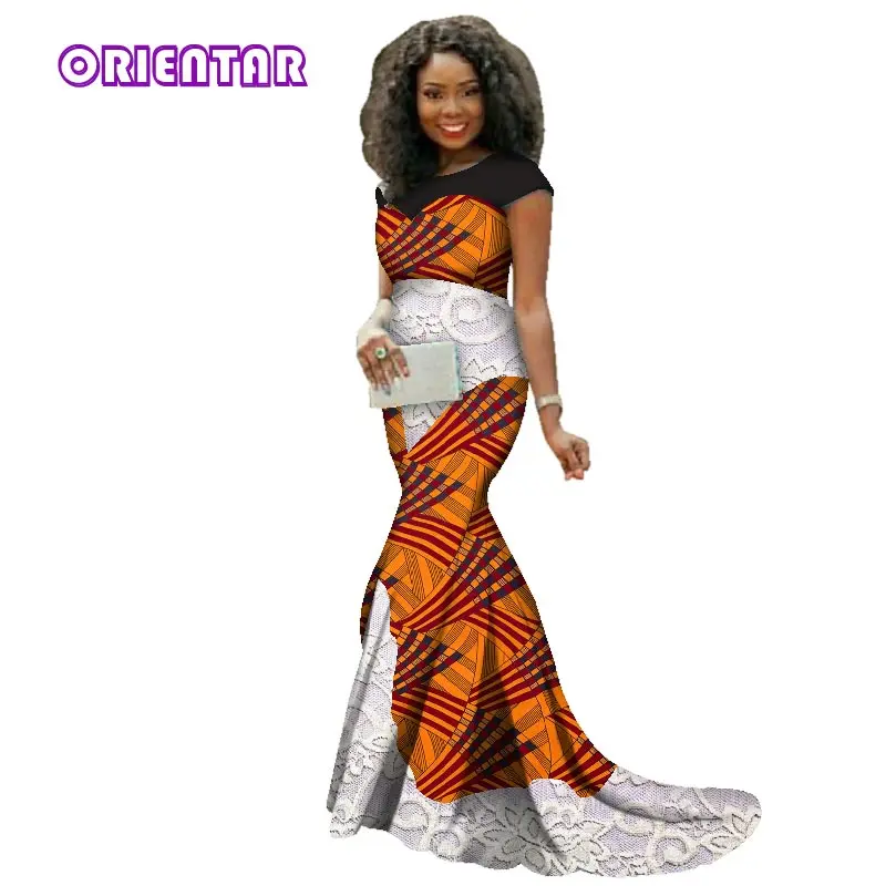 African Dresses for Women Sleeveless Floor-length African Women Party Dress Print Cotton Lace Dress Private Custom WY2828