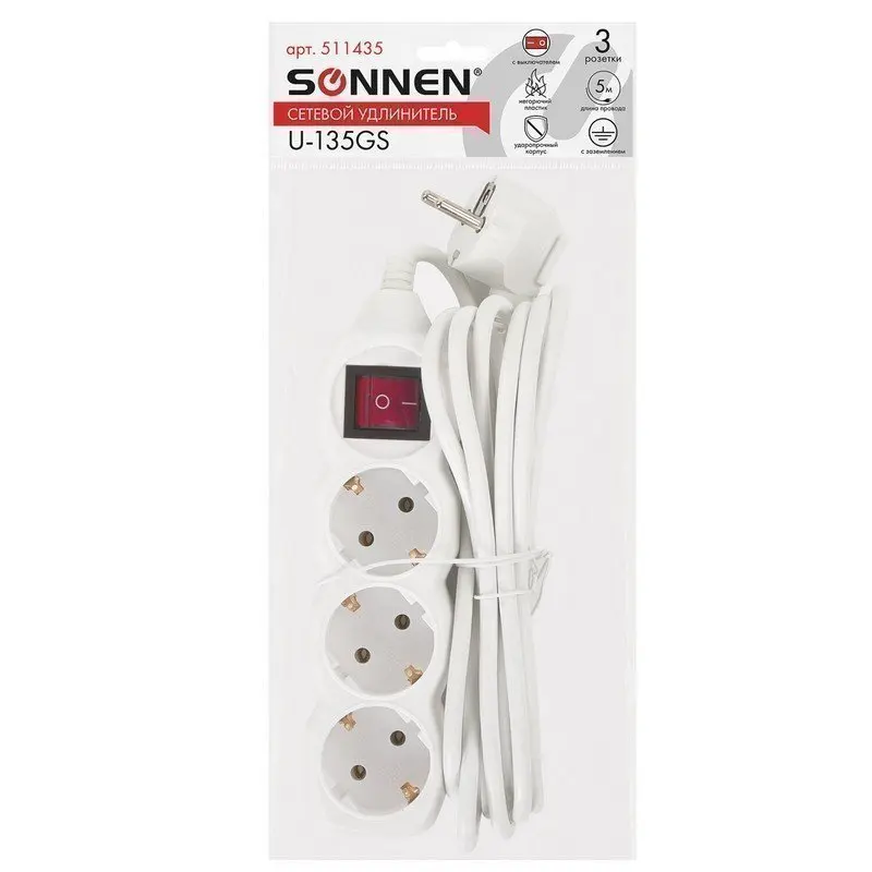 Network extension Sonnen u-135gs 3 sockets ground switch 10 A 5 m 511435 | Обустройство дома