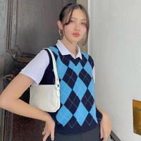 e girl argyle sweater vest women jumper sleeveless pullover knitted vests y2k preppy style crop top female autumn 2020 fashion