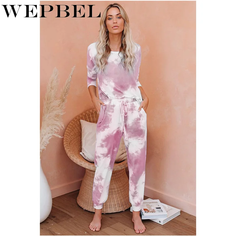 

Mandylandy Women Summer Tracksuit Lady Tie Dye Print Sweatshirt Top + Drawstring Pants Two Piece Set Outfits Homewear Streetwear