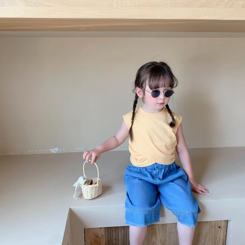 

Girls korean style solid color wide leg pants summer holiday style children loose all-match ankle length pant