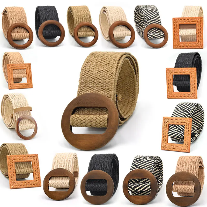 

Leopard Buckle Waist Belt Women Elastic Belt Wooden Buckle Linen Weave Braided Belt Wide Waistband Fake Straw Vintage Bohemian