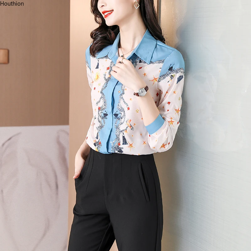 

Женская блузка с принтом, свободная рубашка-поло для девушек, летний модный Повседневный женский топ из шифона с длинным рукавом, женские бл...