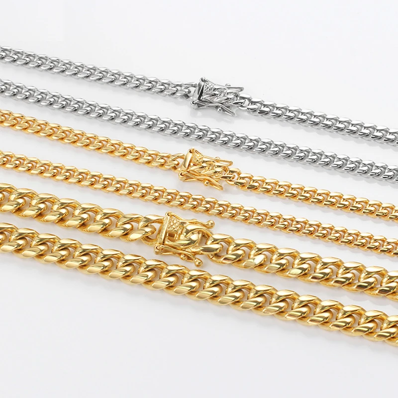 

6/8/10/12/14/16MM Dragon Lock Clasp HipHop Men Women Gold Tone Heavy Miami Curb Cuban Chain Stainless Steel Necklace & Bracelets