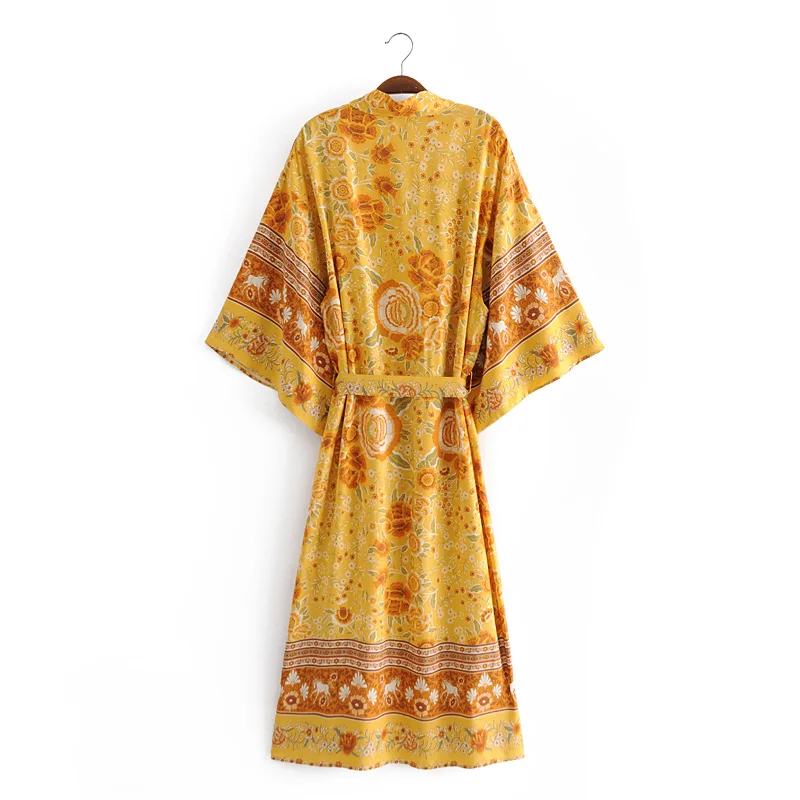 Женское кимоно с цветочным принтом винтажное богемное Макси-платье в стиле бохо