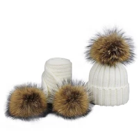 boys and girls real raccoon fur hat set winter beanie warm knitted bobble nature fur pompom children hat and scarf suit5719
