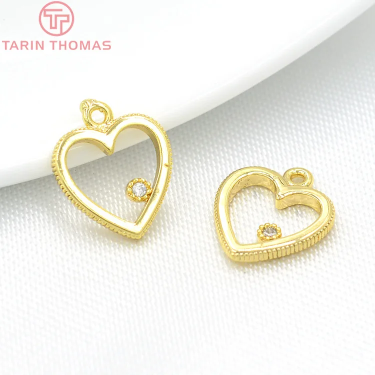 

(1500)6PCS 10x12MM 24K Gold Color Plated Brass with Zircon Heart Pendants Charms High Quality DIY Jewelry Making Findings