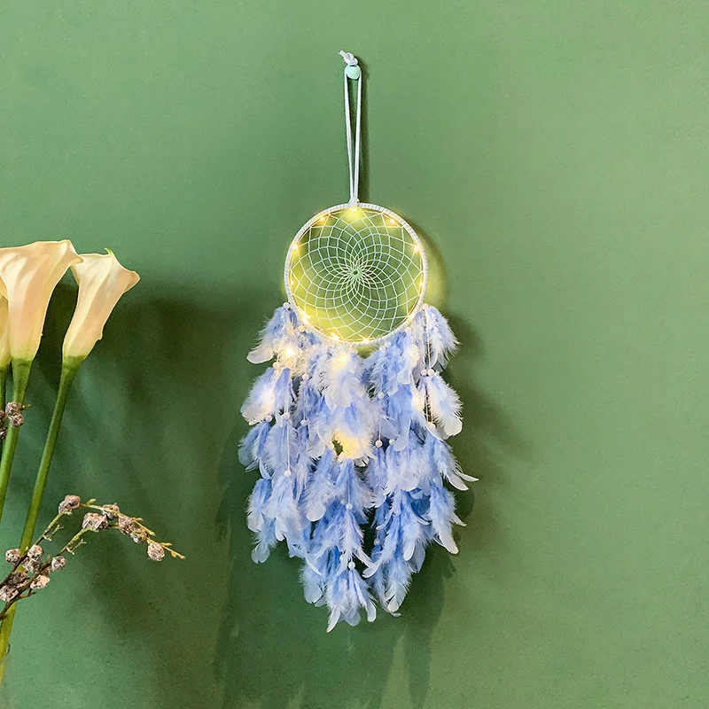 

Sky Blue Feather Wind Chimes Hanging Ornament Handmade Dream Catcher Room Pendant Kindergarten Bar Home Bedroom Wall Decor