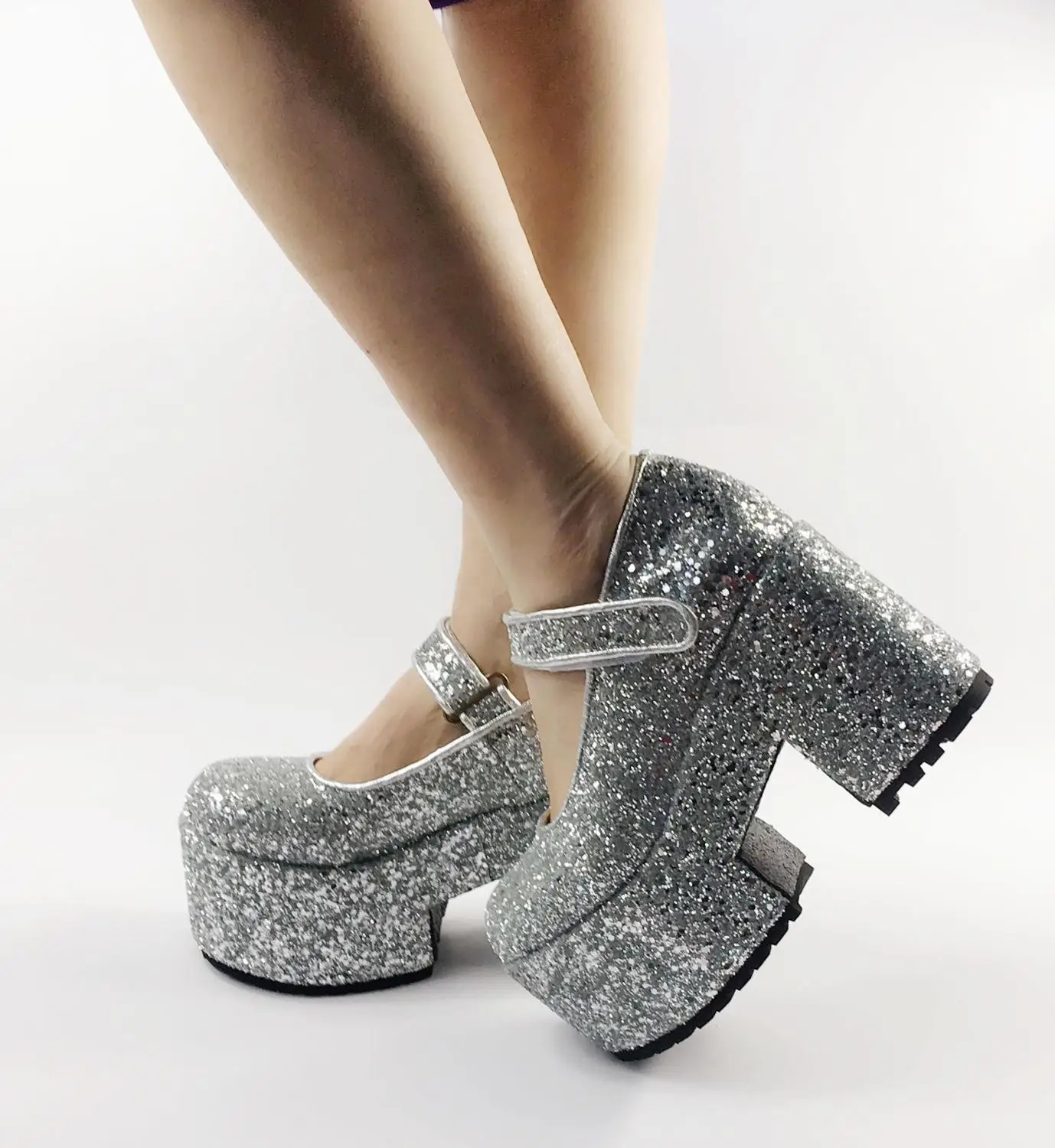 Женские свадебные туфли-лодочки серебристые на высокой платформе 10 см туфли
