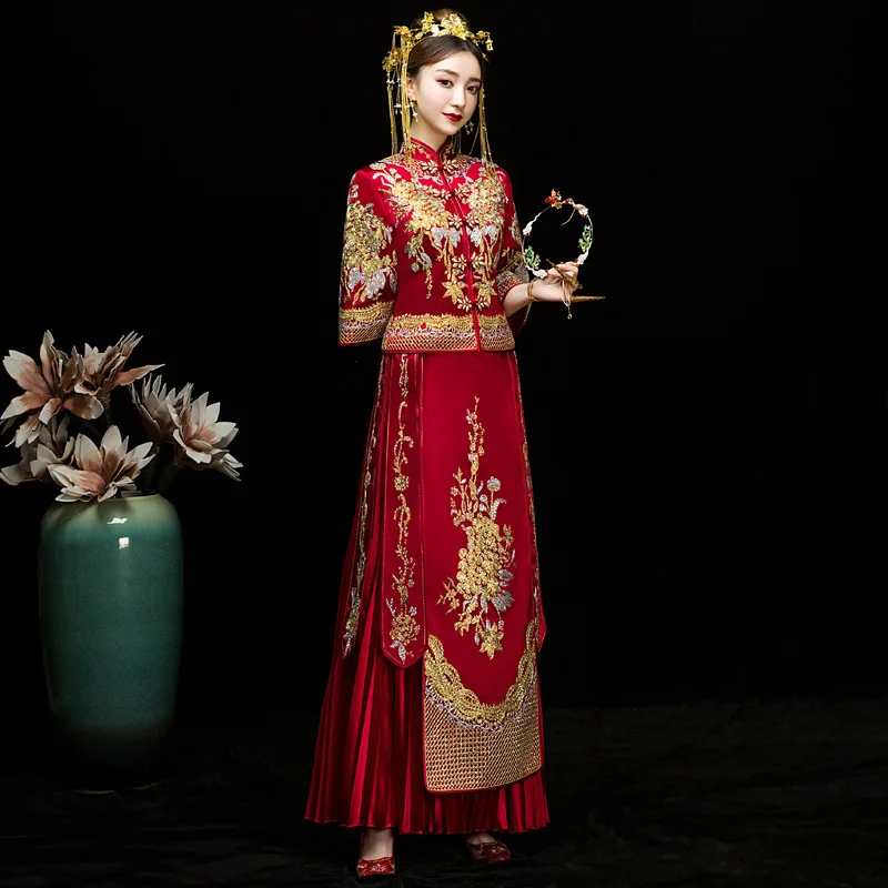 

Exquisite Embroidery Wedding Dress Elegant Cheongsam Chinese Style Marriage Suit Slim Bride Costume Big Size Women Gift S-7XL