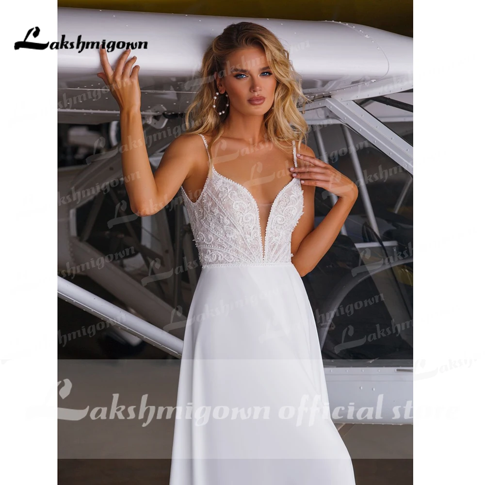 

Sexy A Line Spaghetti Straps Deep V Neck Lace beads Wedding Dresses 2021 Backless Simple Lakshmigown