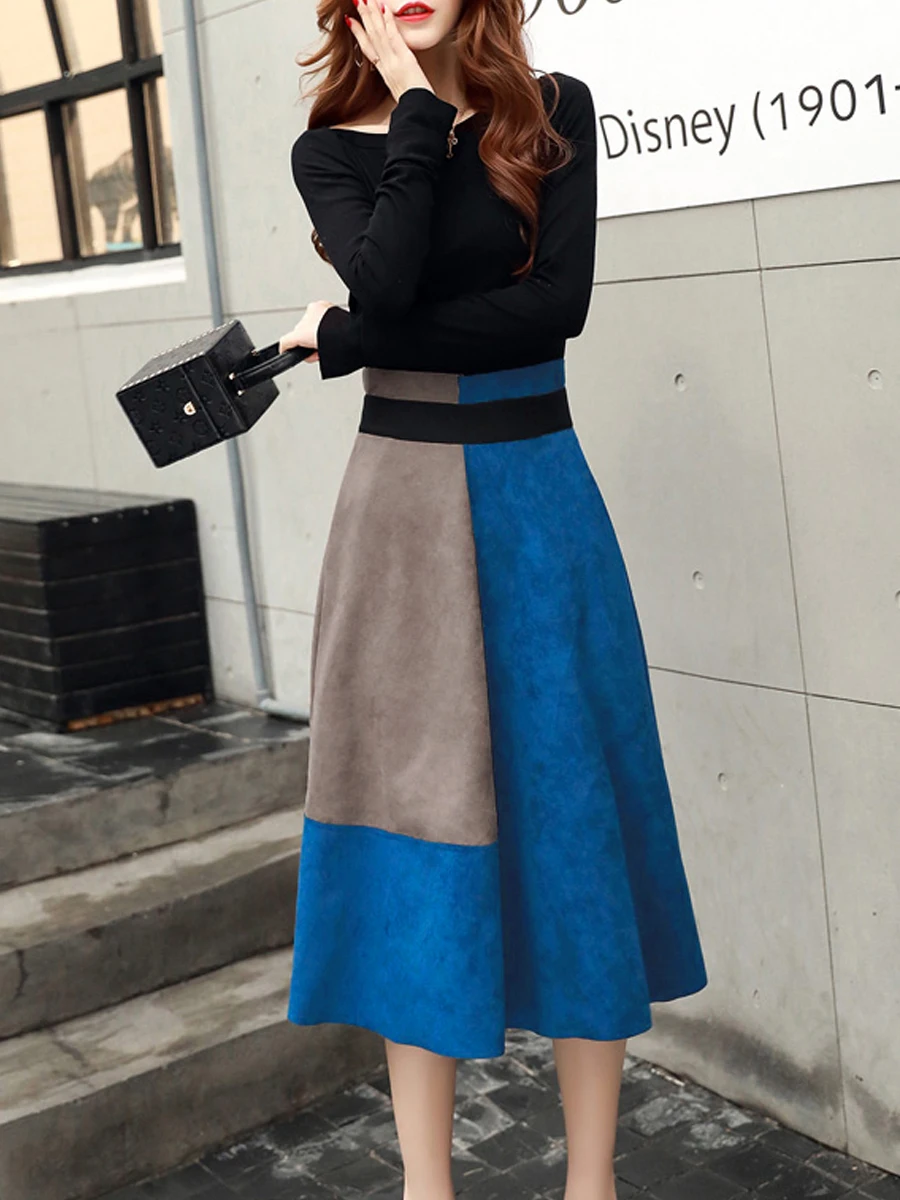 Хлопковое платье с круглым вырезом на молнии цветным блоком из двух частей для