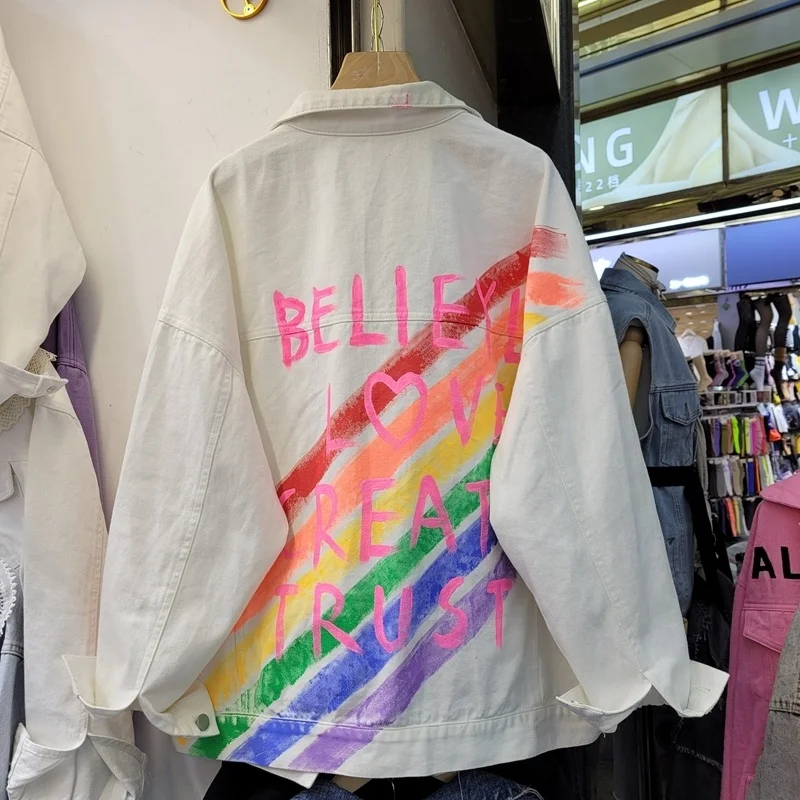 

Осенняя Модная белая джинсовая куртка, пальто, женская свободная повседневная короткая джинсовая куртка с надписью Студенческая одежда, же...