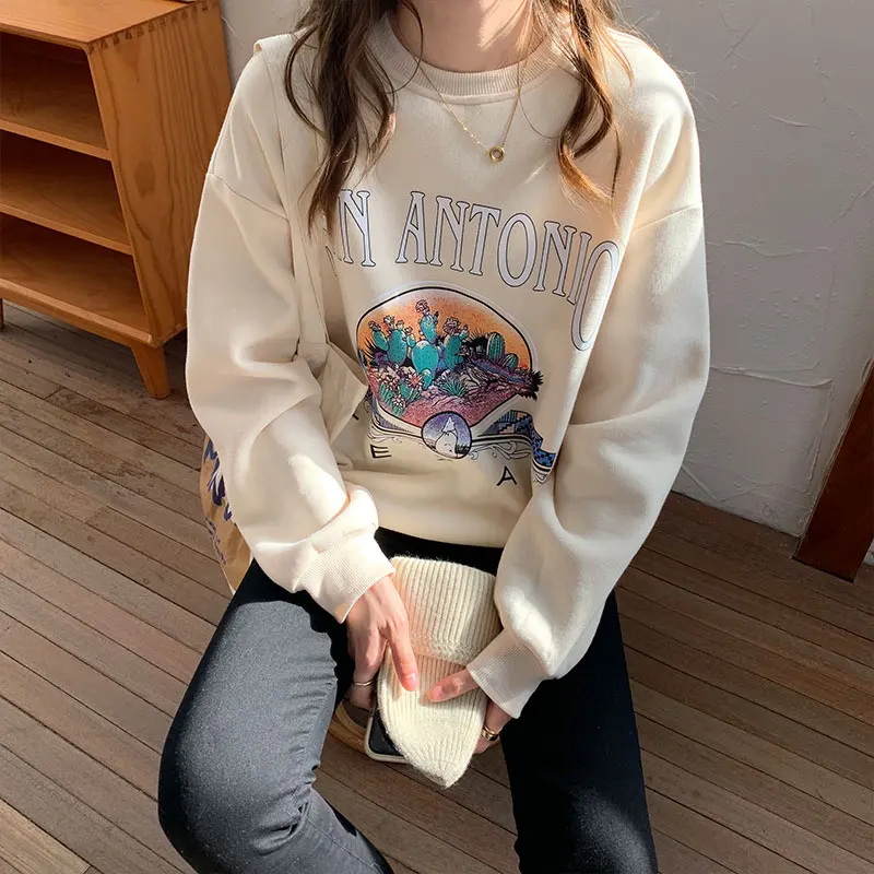 

2colors autumn winter 2020 korean style Women Sweatshirts Long Sleeve print thick warm Sweatshirt Womens pullovers (X1692)