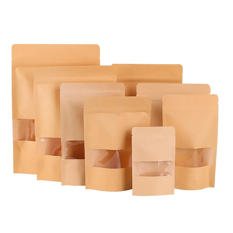

50pcs Kraft Paper Bags With Transparent Window Free Standing Zipper Sealing Bag Food And Dry Goods Moisture Proof Packaging Bag