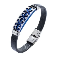 new men jewelry punk black blue leather bracelets for men stainless steel bracelet fashion bangles trendy mens wrist band pd712