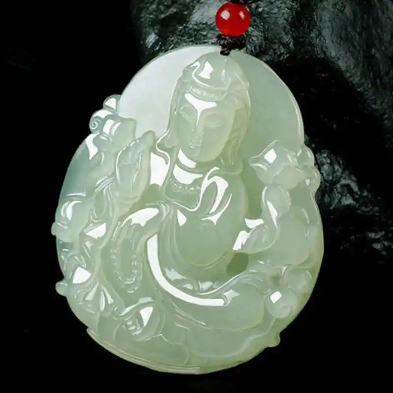 

Natural Hetian Jade Green White Jade Guanyin Pendant Lotus Guanyin Men and Women Pendant Pendant Jade Jewelry Necklace