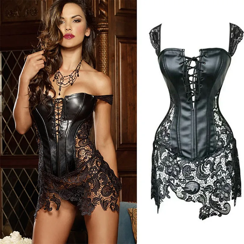 

New Fashion Sexy Women Corset With Thong Faux Leather Black Lace Shaper Bustier Plus Size S-6XL